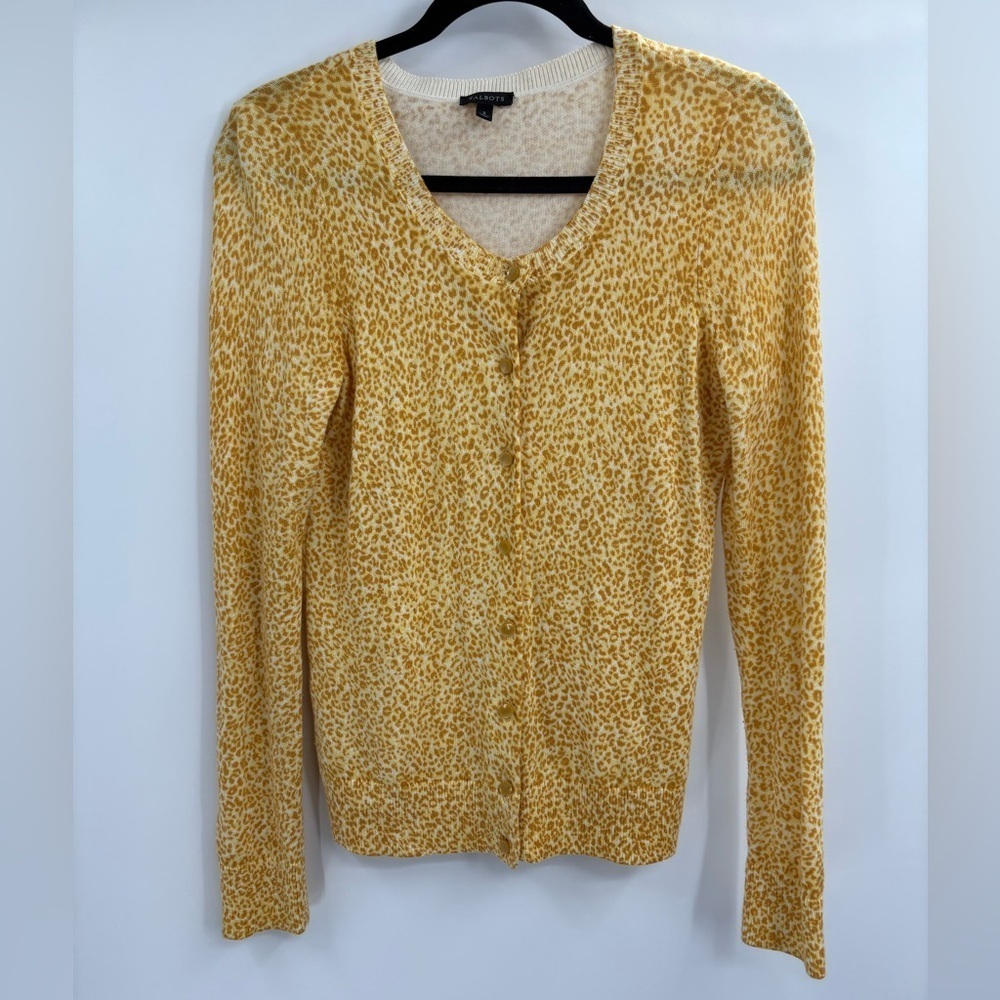Talbots Cotton Angora Blend Golden Yellow cheetah leopard Cardigan Sweater Small